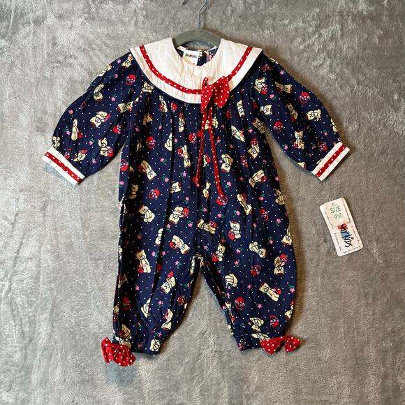 Vintage Deadstock‎ Baby Jumpsuit Size 9M Teddy Bear Floral Navy - Picture 1 of 7